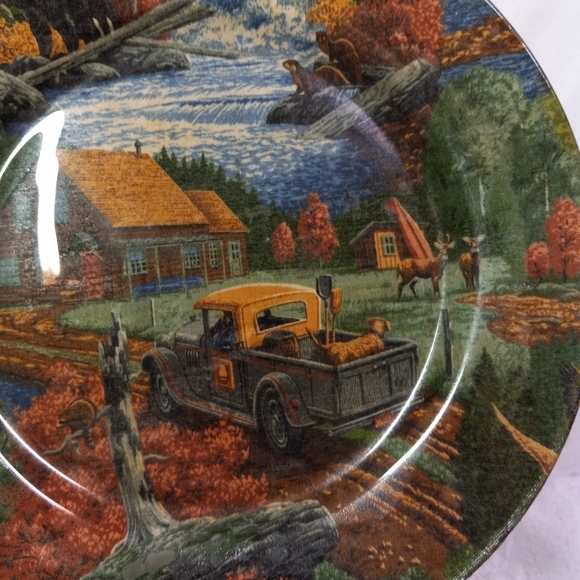 DECOUPAGE Glass Plate Country Scenery Deers, Dog,Cabin,Bear,Waterfall ,10" - Picture 3 of 5